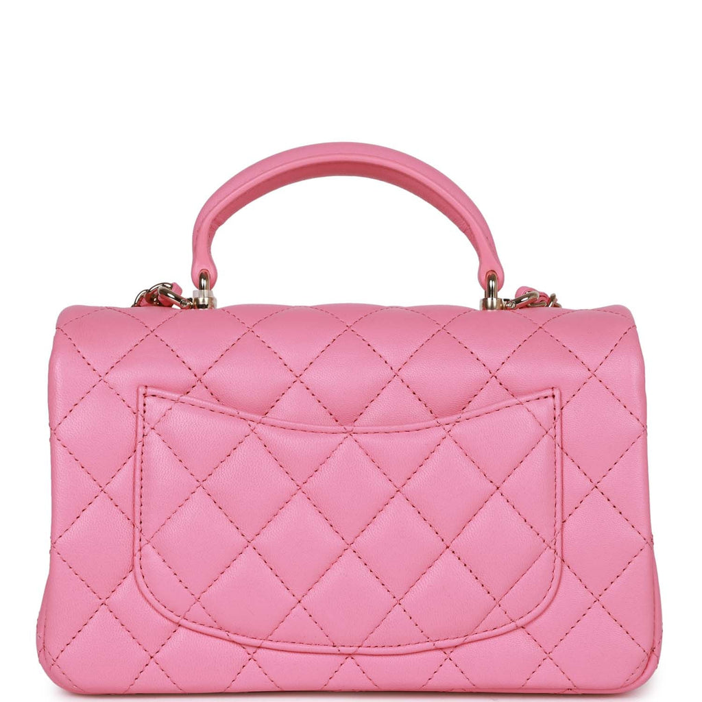 Pink Lambskin Top Handle Long Chain Bag Small