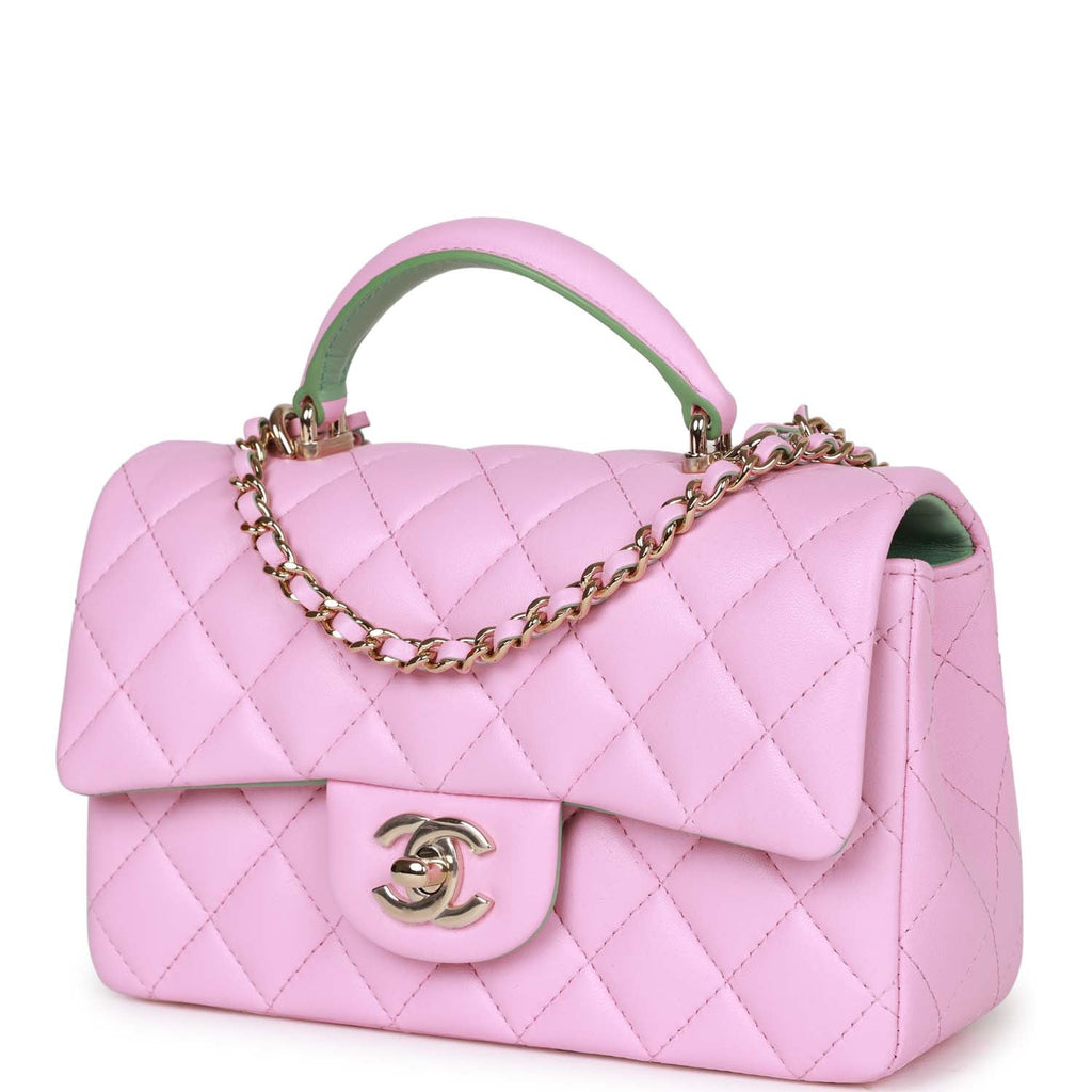 Pink & Green Quilted Lambskin Rectangular Mini Flap Bag with Top Handle