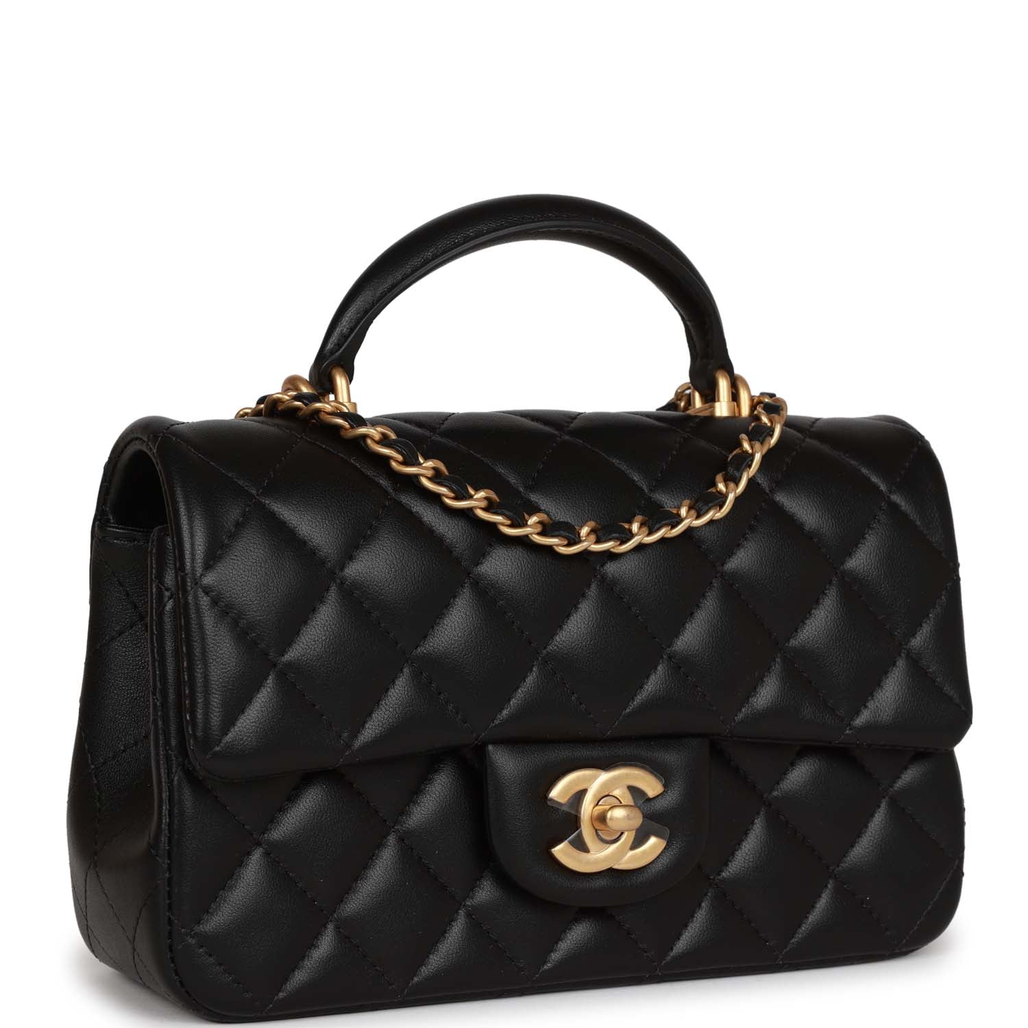Chanel Mini Rectangular Flap with Top Handle Black Lambskin Antique Go