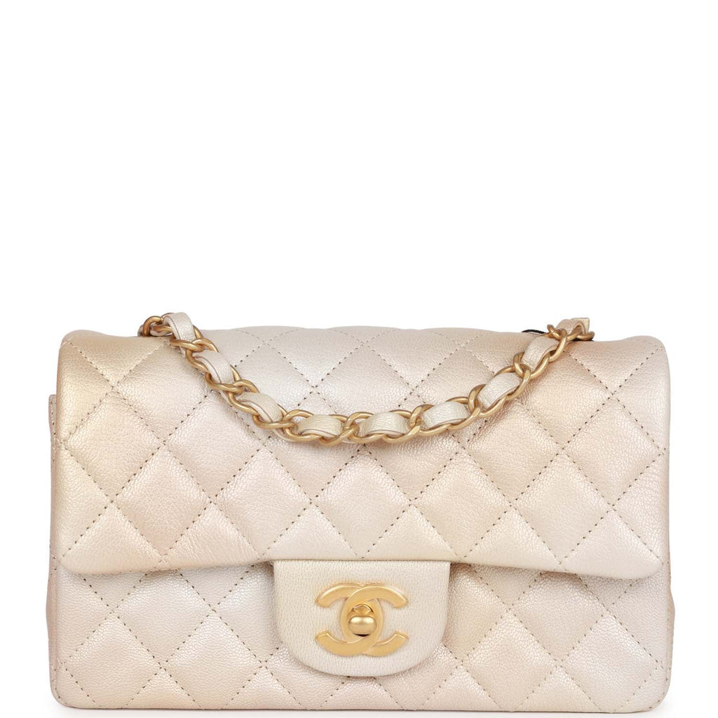 Chanel Top Handle Mini Rectangular Flap Bag White Caviar Aged Gold