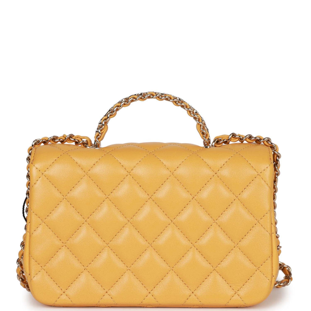Chanel Mustard Patent Leather Chain Strap Quilted Flap Closure Turn Lock Bag