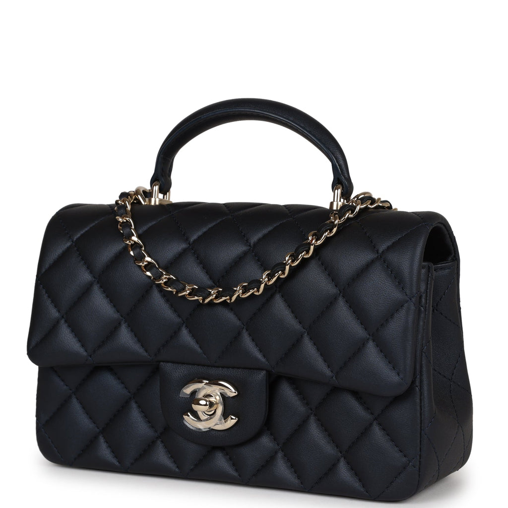 Chanel Mini Square Flap Bag Black Lambskin Light Gold Hardware in 2023
