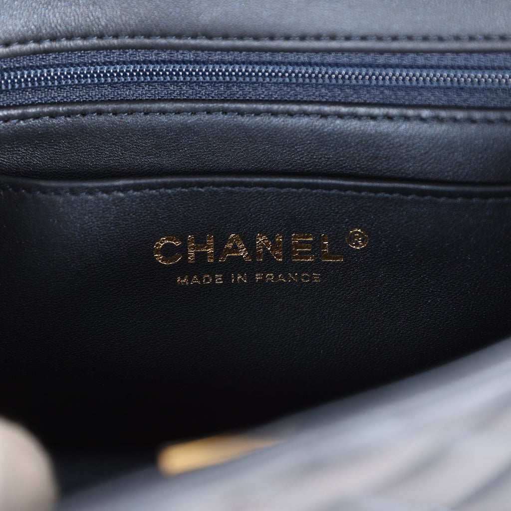 Chanel Mini Rectangular Flap Bag with Top Handle Dark Blue Lambskin Light  Gold Hardware in 2023