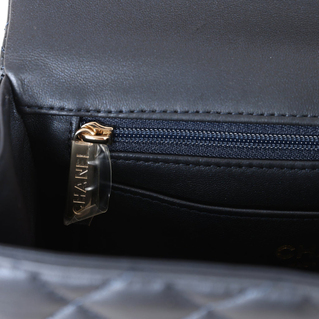 Chanel Mini Rectangular Flap Bag with Top Handle Dark Blue Lambskin Light  Gold Hardware