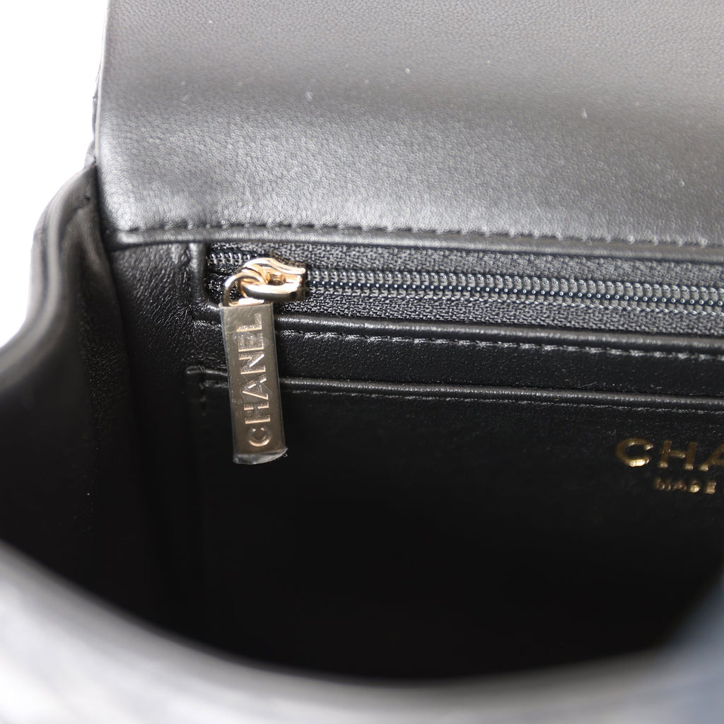 Mini flap bag with top handle, Tweed, lambskin & gold-tone metal