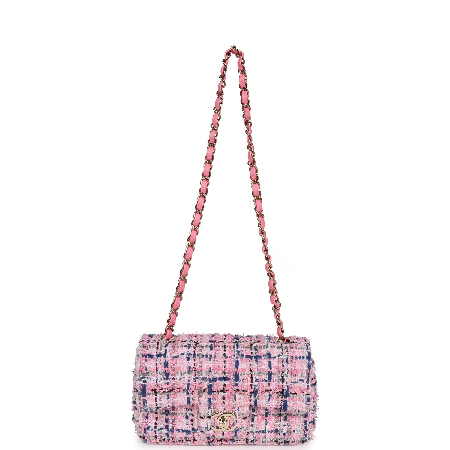 Chanel Mini Rectangular Flap Bag Pink Tweed Light Gold Hardware