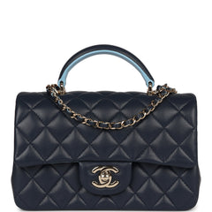 Chanel Mini Rectangular Flap Bag with Top Handle Dark Blue Lambskin Light Gold Hardware