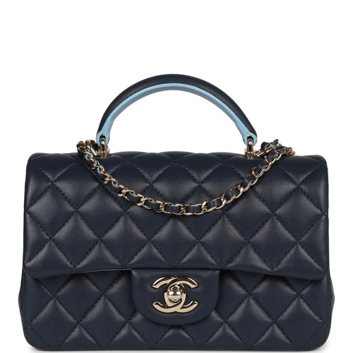 Chanel Mini Rectangular Flap Bag with Top Handle Dark Blue Lambskin Light Gold Hardware