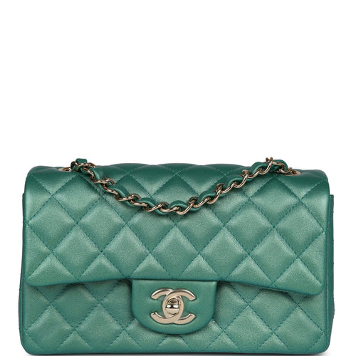 Chanel Mini Classic Rectangular Flap Iridescent Green Lambskin Light Gold Hardware