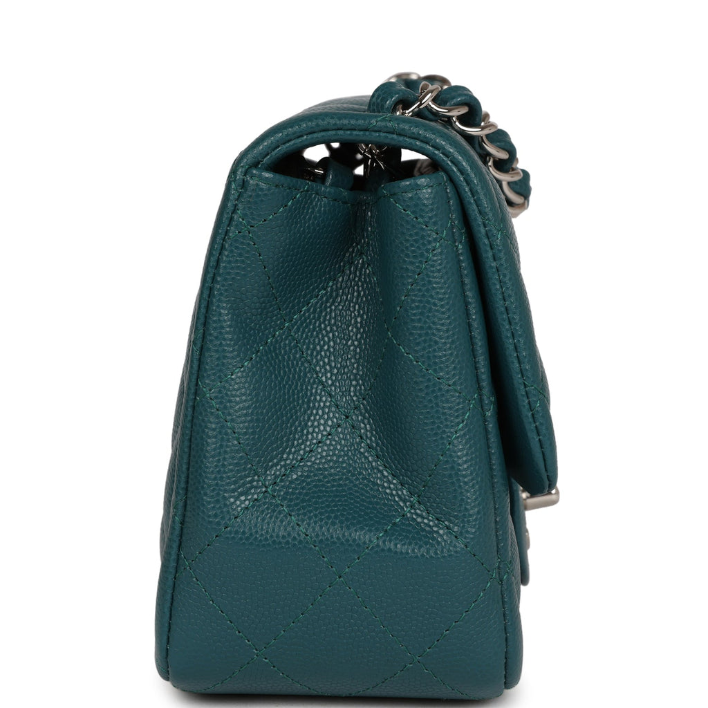 Chanel Mini Square Flap Bag Dark Green Caviar Silver Hardware