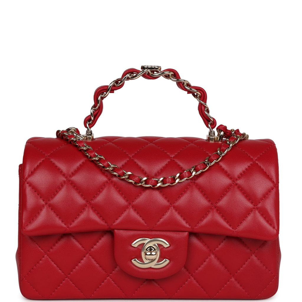 Chanel Red Lambskin Rectangular Mini Flap Top Handle Light Gold