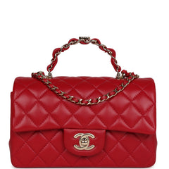Chanel Mini Rectangular Flap with Top Handle Red Lambskin Light Gold Hardware