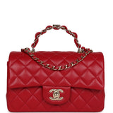 Chanel Mini Rectangular Flap with Top Handle Red Lambskin Light Gold Hardware