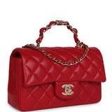 Chanel Mini Rectangular Flap with Top Handle Red Lambskin Light Gold Hardware