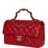 Chanel Mini Rectangular Flap with Top Handle Red Lambskin Light Gold Hardware