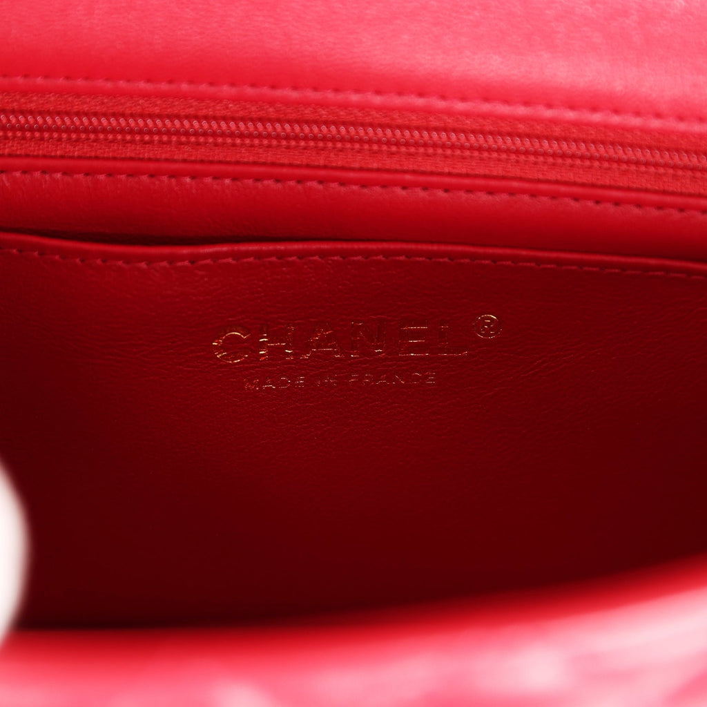 Chanel Mini Rectangular Flap with Top Handle Red Lambskin Light Gold Hardware