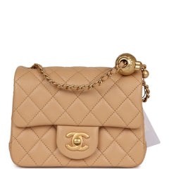 Chanel Pearl Crush Mini Square Flap Beige Lambskin Brushed Gold Hardwa