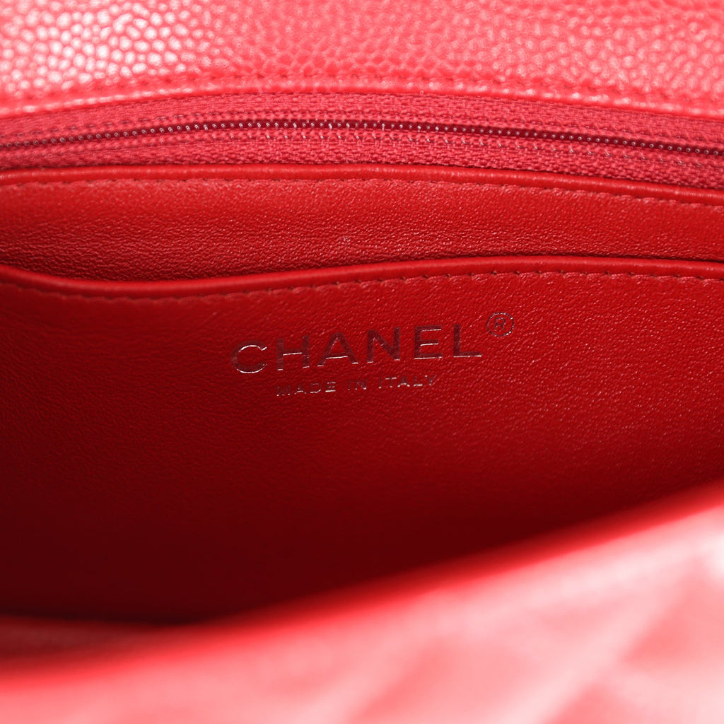 Pre-owned Chanel Mini Rectangular Flap Red Caviar Ruthenium Hardware
