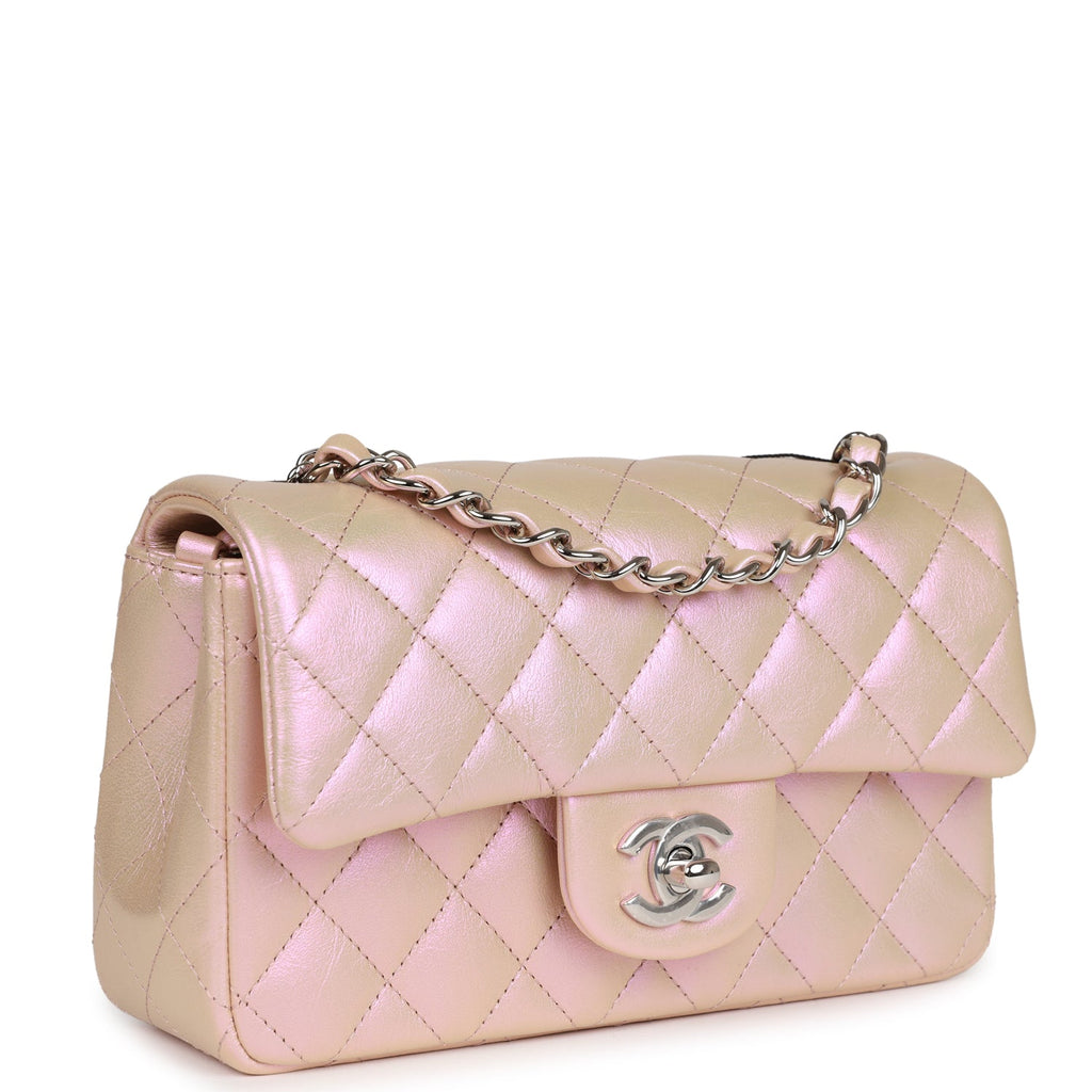 Chanel Mini Rectangular Flap Bag Pink Iridescent Calfskin Silver Hardware Pink New Calfskin