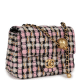 Chanel Pearl Crush Mini Square Flap Bag Pink and Black Tweed Antique Gold Hardware