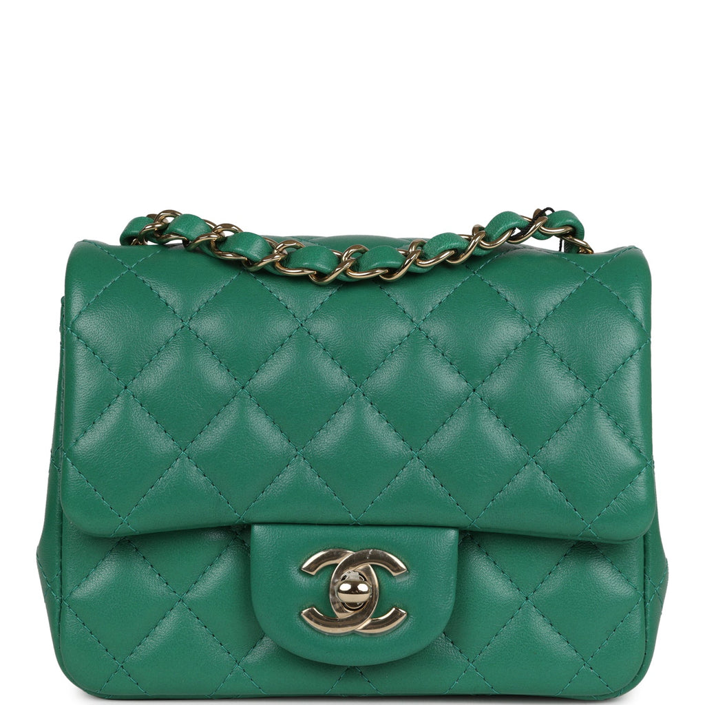 Chanel Mini Square Flap Bag Green Lambskin Gold Hardware Green New Lambskin