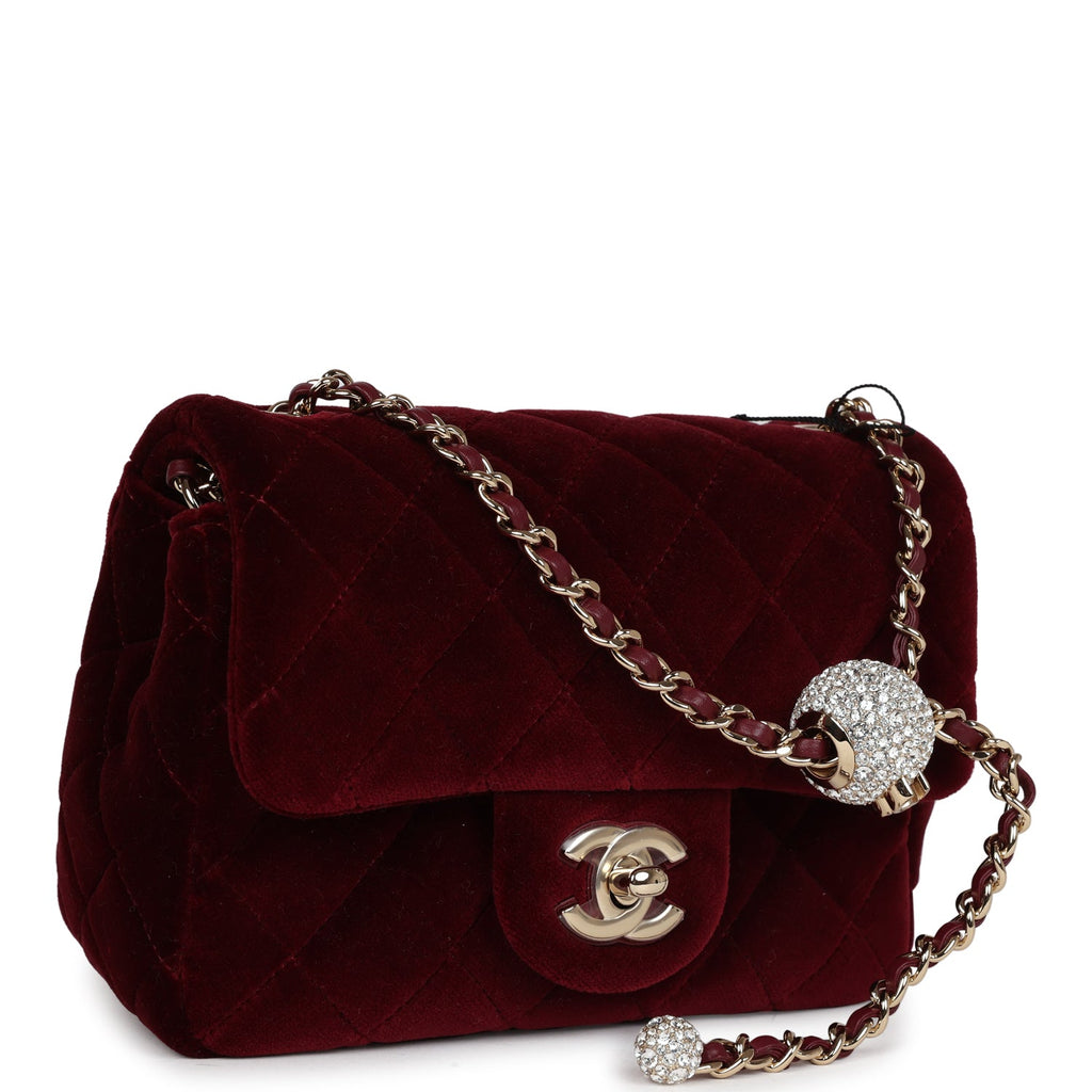Chanel Pearl Crush Mini Square Flap Bag Burgundy Velvet Gold Hardware