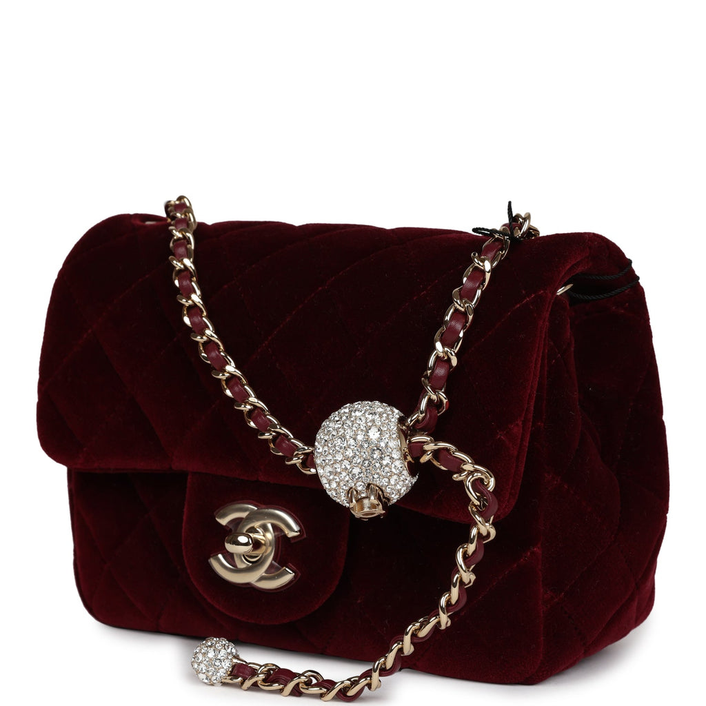 chanel mini velvet backpack Chanel Pearl Crush Mini Square Flap Bag Burgundy Velvet Gold Hardware