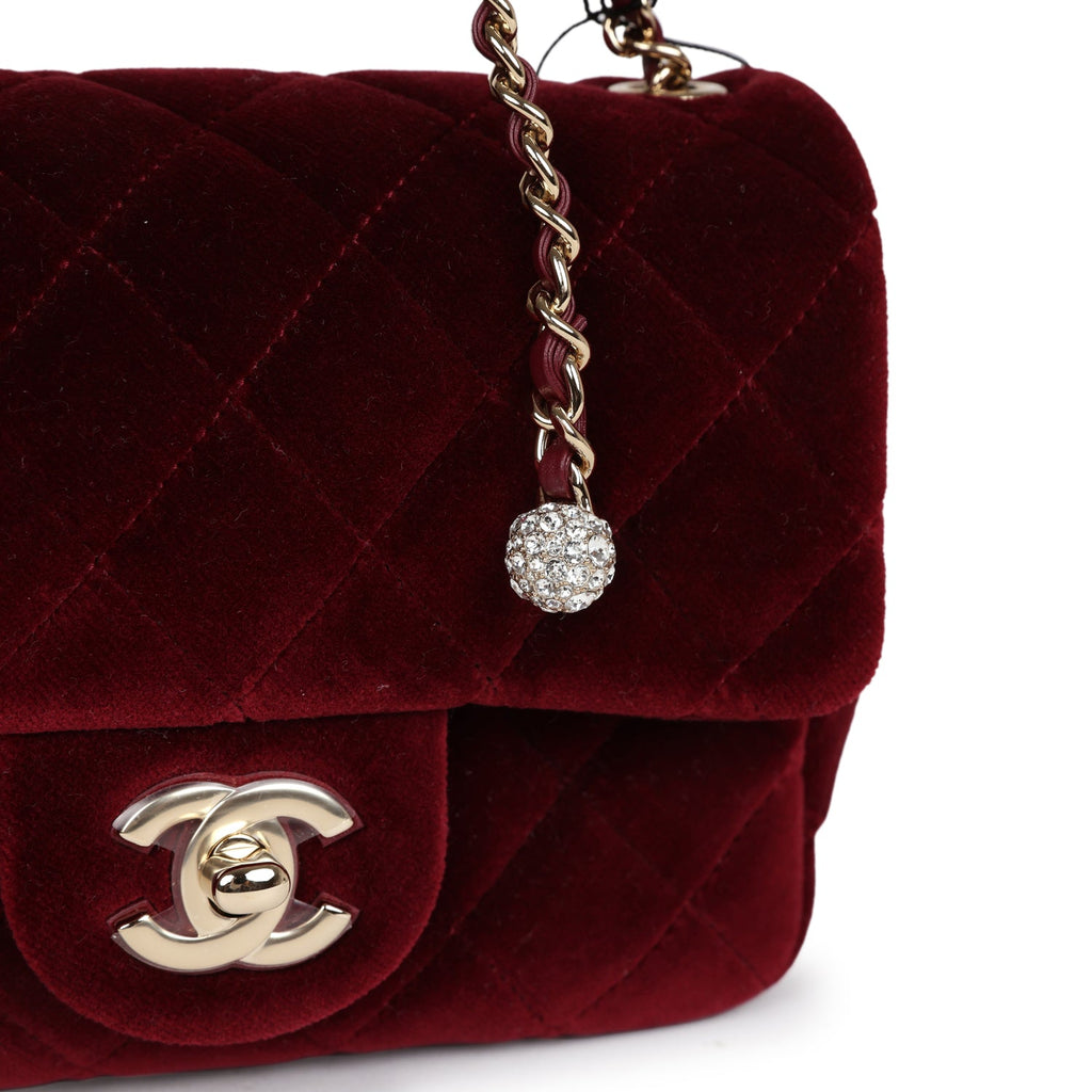 Chanel Pearl Crush Mini Square Flap Bag Burgundy Velvet Gold Hardware