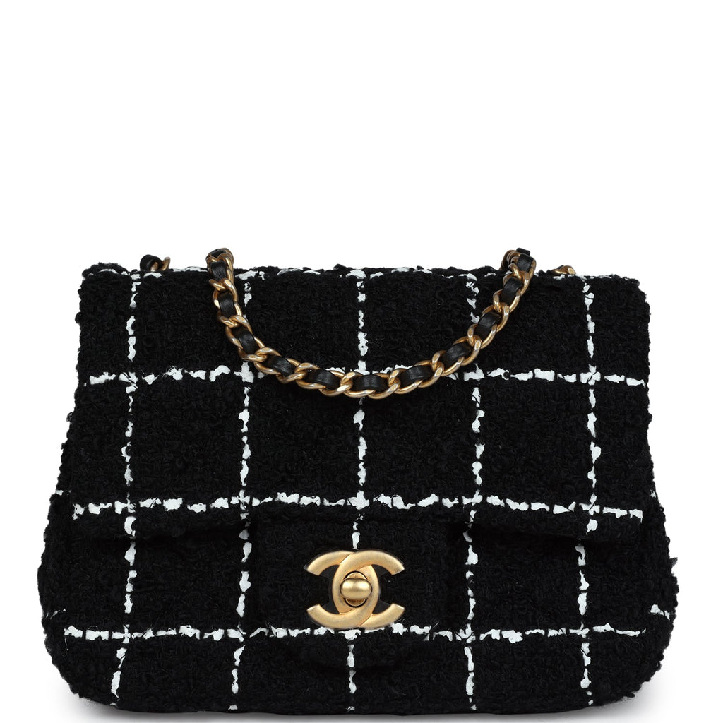 Chanel Pearl Crush Mini Square Flap Bag White and Black Tweed Antique Gold Hardware