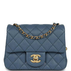 Chanel Pearl Crush Mini Square Flap Bag Blue Lambskin Antique Gold Hardware