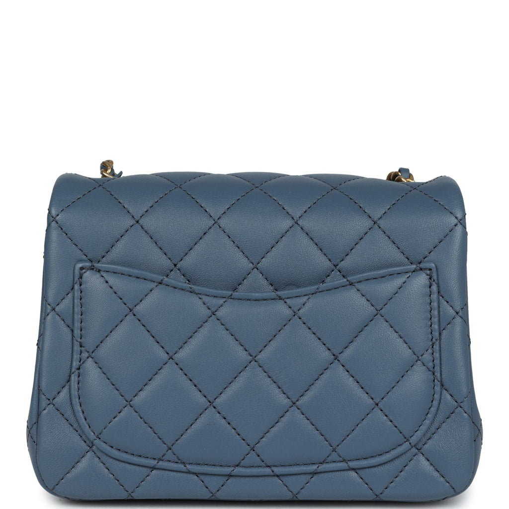 Chanel Pearl Crush Mini Square Flap Bag Blue Lambskin Antique Gold Hardware