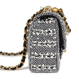 Chanel Mini Square Pearl Flap Bag Black and White Sequin Tweed Brushed Gold Hardware