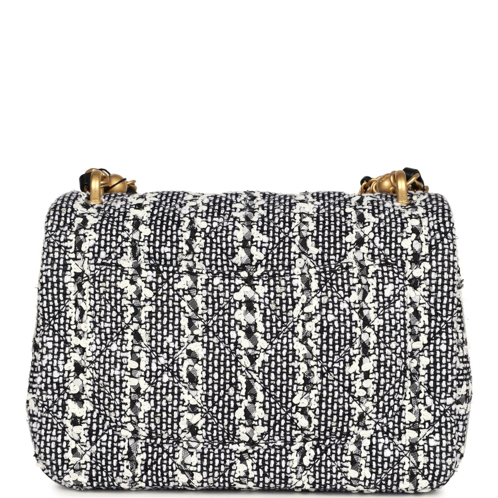 Chanel Mini Square Pearl Flap Bag Black and White Sequin Tweed Brushed Gold Hardware