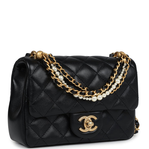 Chanel Mini Square Pearl Flap Bag Black Lambskin Brushed Gold Hardware