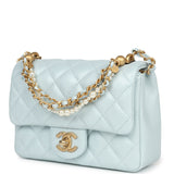 Chanel Mini Square Pearl Flap Bag Light Blue Iridescent Lambskin Brushed Gold Hardware