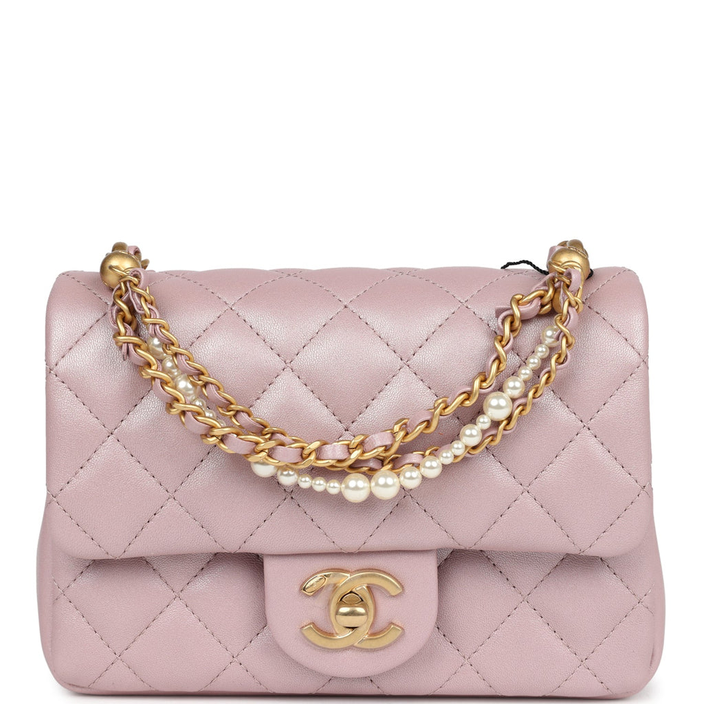 Chanel Mini Square Pearl Flap Bag Light Pink Iridescent Lambskin Brush