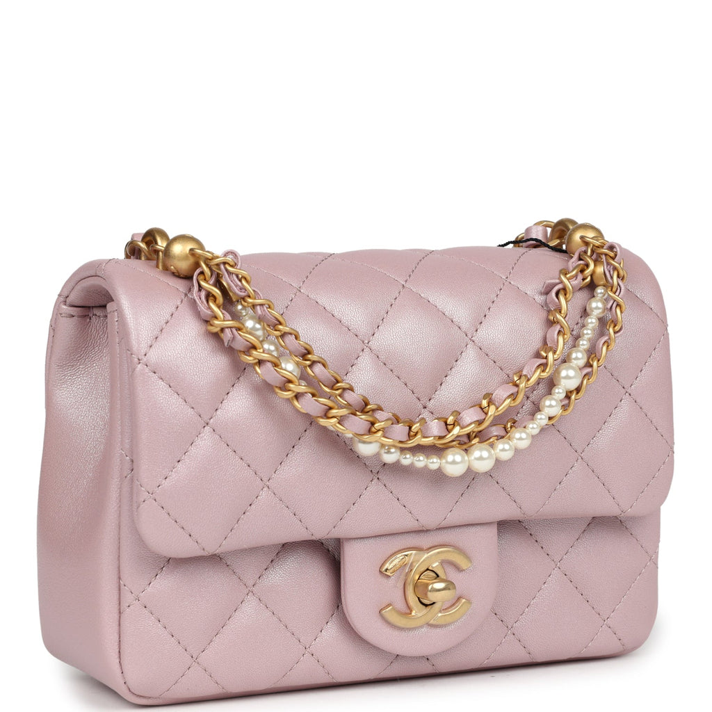 Chanel Mini Square Pearl Flap Bag Light Pink Iridescent Lambskin Brush