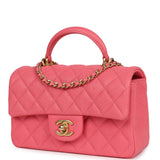 Pre-owned Chanel Mini Rectangular Flap with Top Handle Hot Pink Caviar Antique Gold Hardware