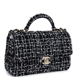 Chanel Mini Rectangular Top Handle Flap Black and White Sequin Tweed Light Gold Hardware