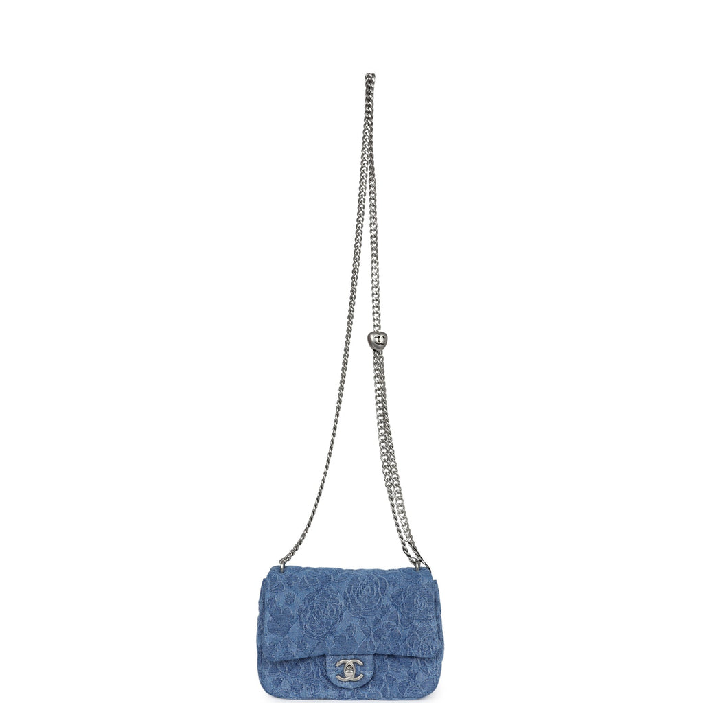 Chanel Mini Camellia Crush Rectangular Flap Blue Denim Antique Silver