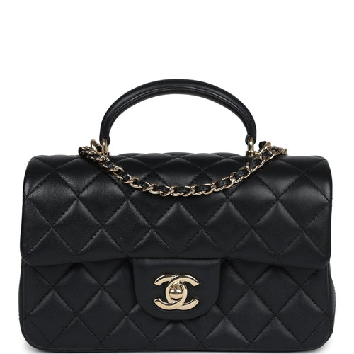 Pre-owned Chanel Mini Rectangular Flap with Top Handle Black Lambskin Light Gold Hardware