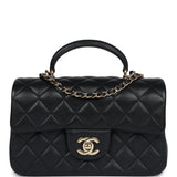 Pre-owned Chanel Mini Rectangular Flap with Top Handle Black Lambskin Light Gold Hardware