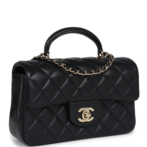 Pre-owned Chanel Mini Rectangular Flap with Top Handle Black Lambskin Light Gold Hardware