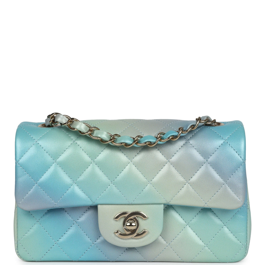 Chanel Mini Rectangular Flap Bag Iridescent Ombre Lambskin Light Gold Hardware Blue/Green/Purple New and Never Worn Lambskin