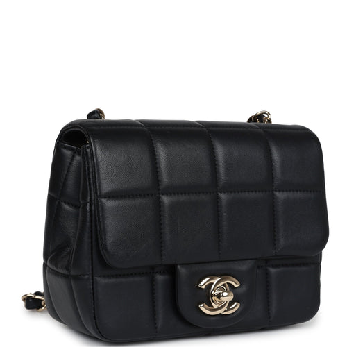 Pre-owned Chanel Monaco Mini Square Flap Bag Black Lambskin Light Gold Hardware