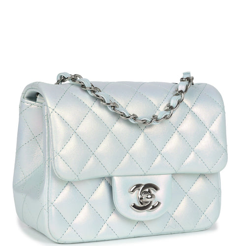 Chanel Mini Classic Square Flap Bag Blue Iridescent Calfskin Silver Hardware