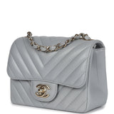 Chanel Mini Chevron Square Flap Bag Light Grey Lambskin Light Gold Hardware