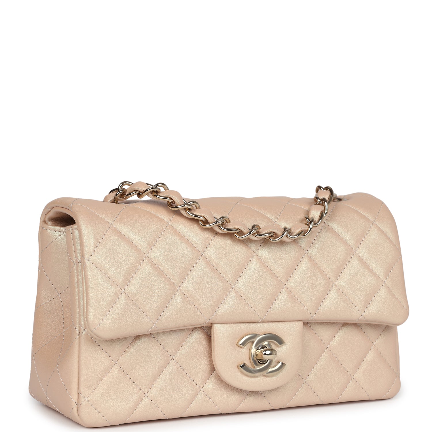 Chanel Mini Rectangular Flap Bag Iridescent Beige Lambskin Light Gold ...