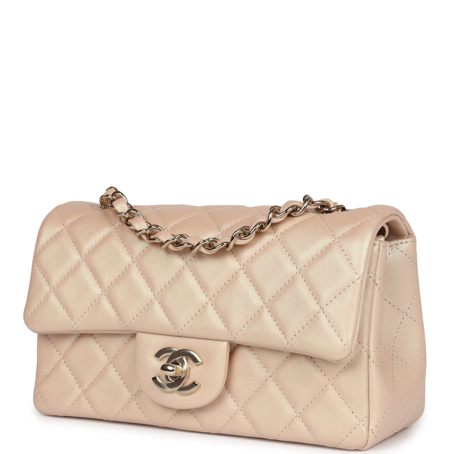 Chanel Mini Rectangular Flap Bag Iridescent Beige Lambskin Light Gold ...