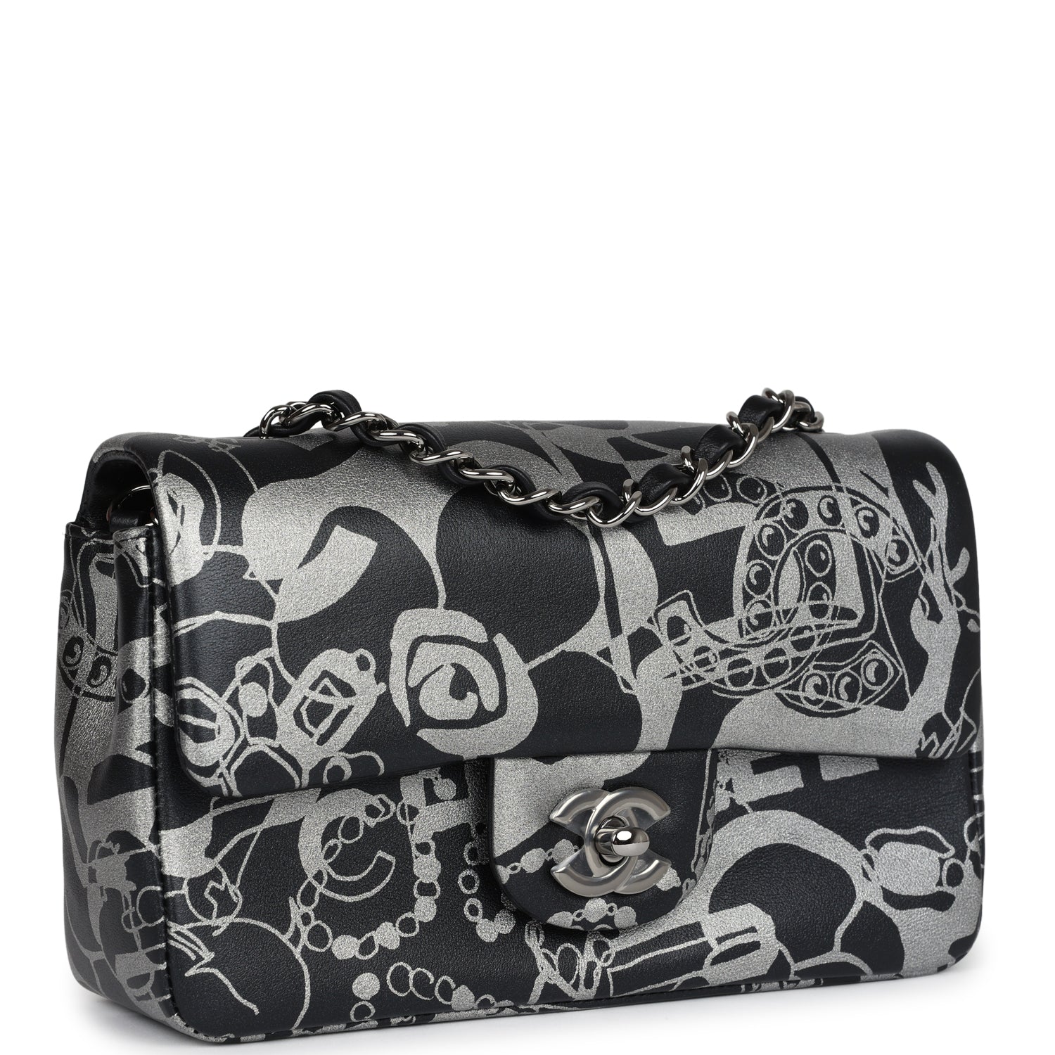 Chanel Black Printed Lambskin Rectangular Mini Flap Silver Hardware